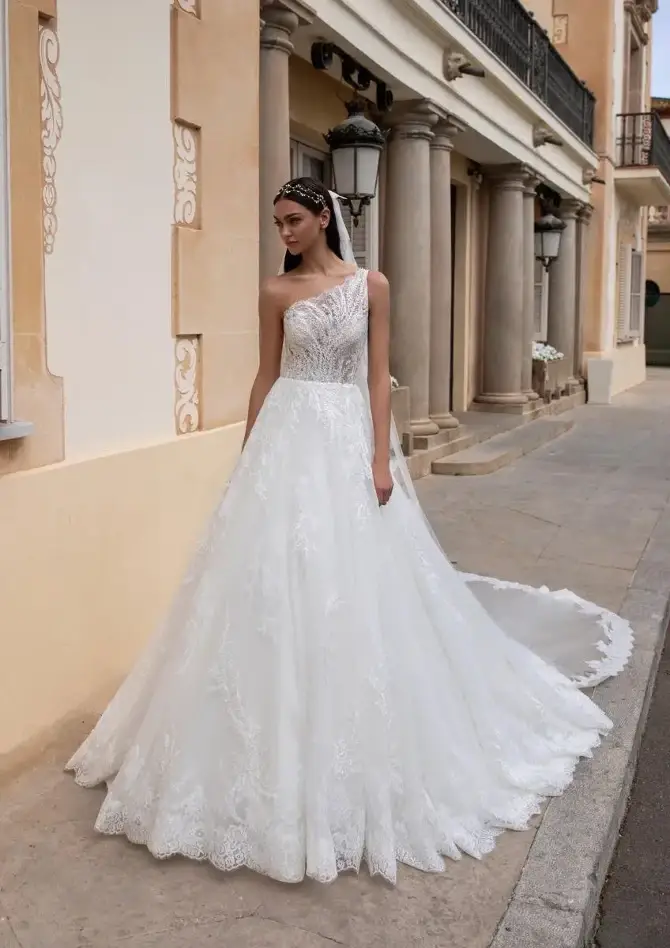 model is wearing an a-line bridal gown
